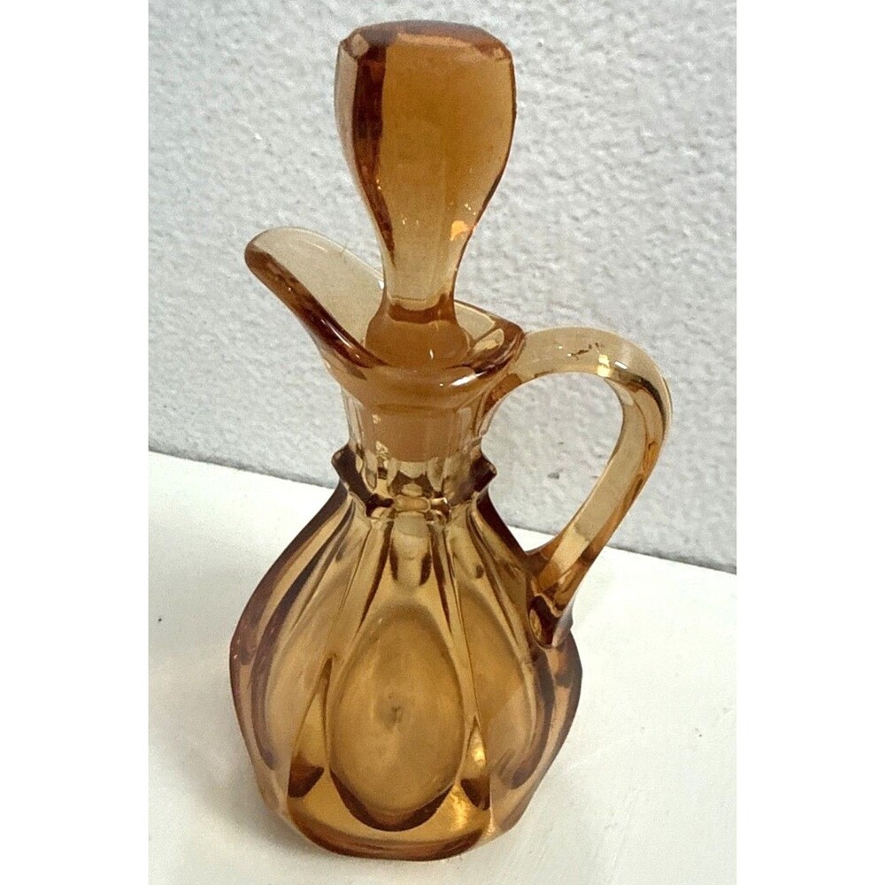 Vintage Pink Glass Fluted Cruet/Small Pitcher Decanter with Frosted Stopper